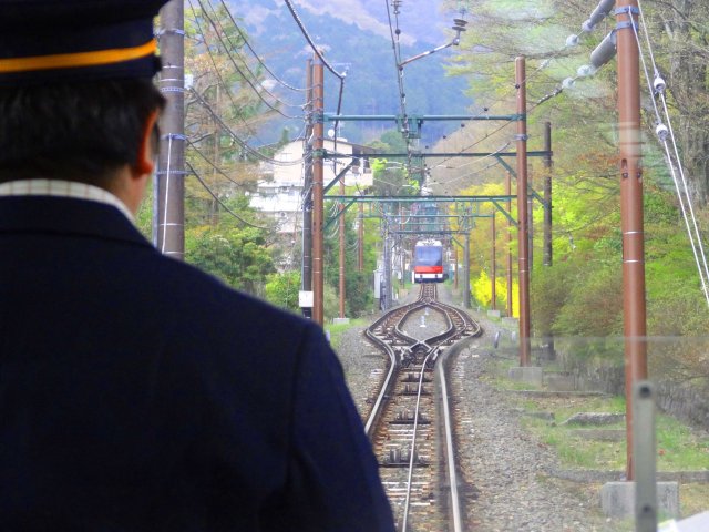 View up the track from the cable car.