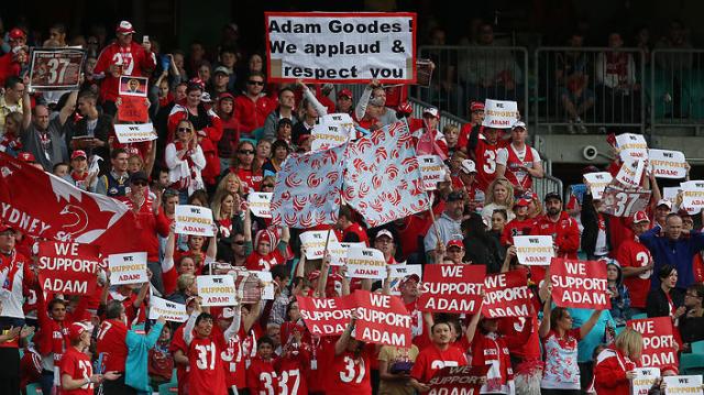 Sydney Swans fans holds banners in support of player Adam Goodes. From sbs.com.au