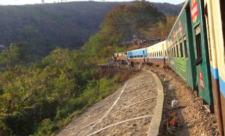 Train just crossed the bridge and about to loop around.