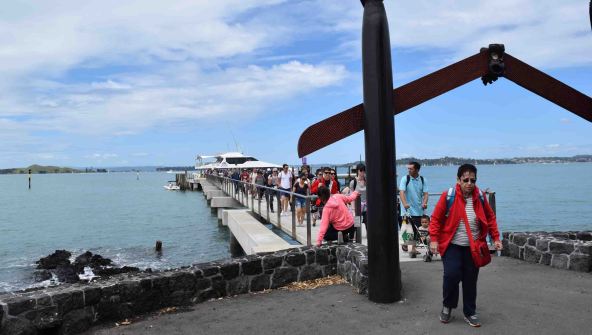 Disembarking the ferry at Rangitoto Island.