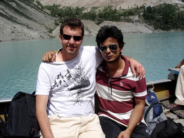 Tim and his friend Aehsun on the boat near Gulmit, Pakistan