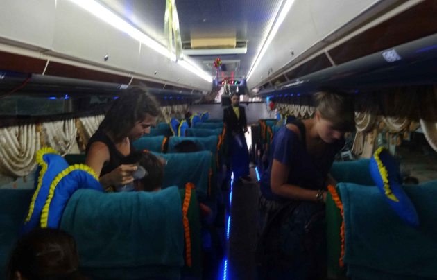 Interior of night bus in Myanmar.