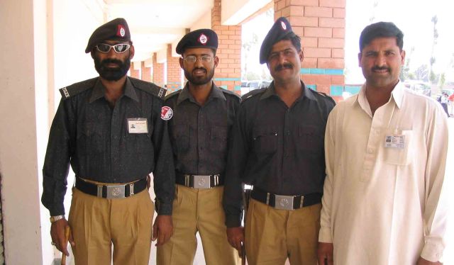 Security forces at the ready at the stadium.
